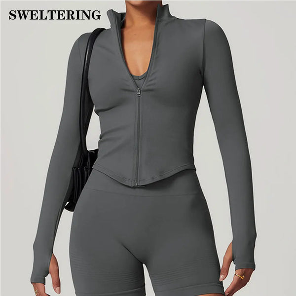 Zipper Jacket Women Crop Tops Yoga T-shirts Solid Sports Top Long Sleeve Running Shirts Sexy Quick Dry Fitness Gym Sport